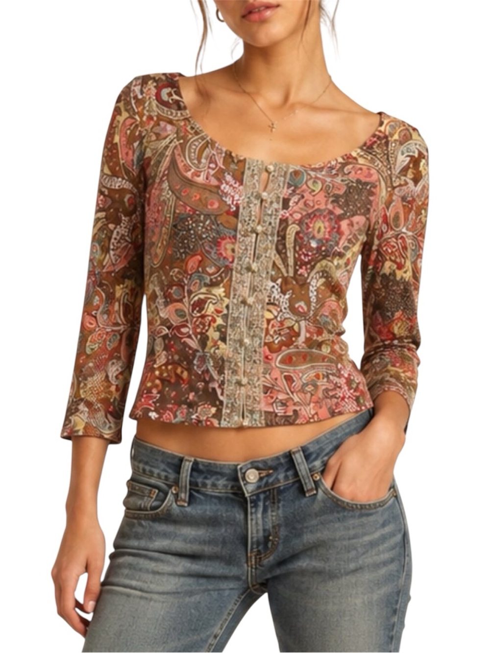 Vintage Talbots Collection Italian Yarn Paisley Beaded Pearl Button Top Small